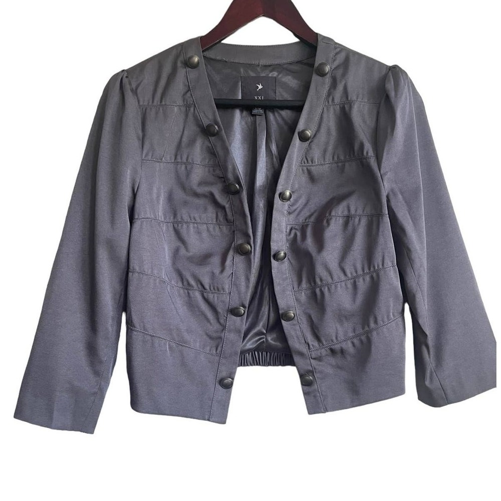 Womens Military Grunge Band Jacket L Metallic Gray Cropped Brass Button‎ Utility